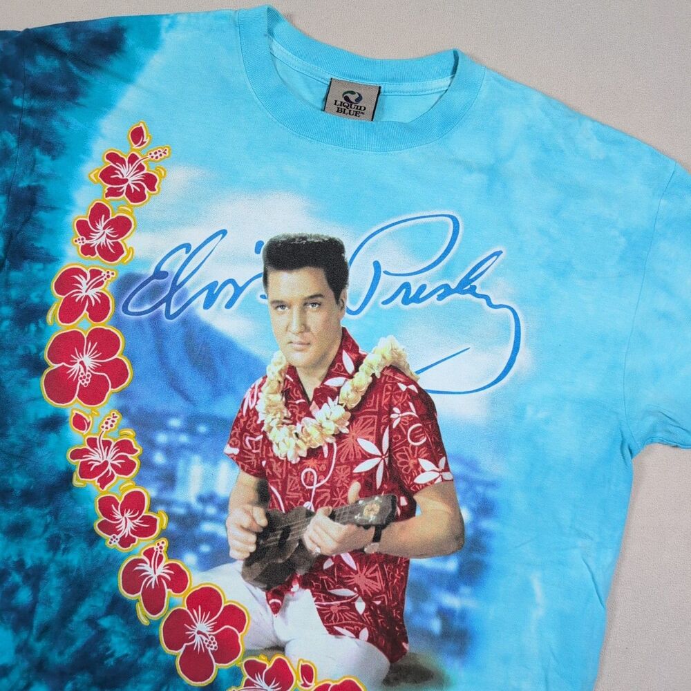 Vintage Liquid Blue Elvis Presley Blue Hawaii T-shirt Sz L Tie Dye Hawaiian